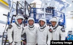 The crew of Axiom's Ax-1 mission to the International Space Station is shown in this undated photo.  Left to right, Larry Connor, Michael Lopez-Alegria, Mark Pathy, Eytan Stibbe.  (Courtesy of SpaceX/Axiom Space)
