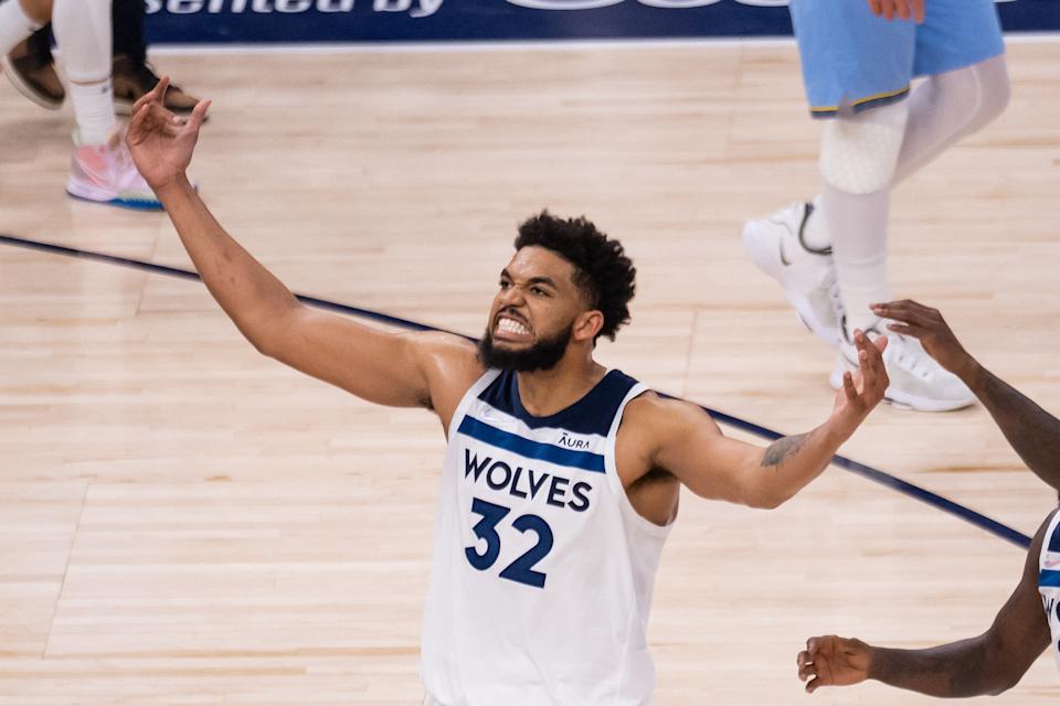 Minnesota Timberwolves center Karl-Anthony Towns celebrates against the Memphis Grizzlies in Game 4 of their NBA playoff first round series at Target Center in Minneapolis.  (Brad Rempel/USA TODAY Sports)